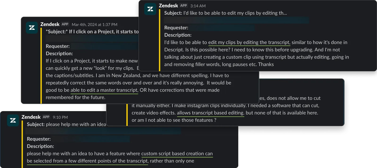 A collage of support tickets asking for transcript-based editing.